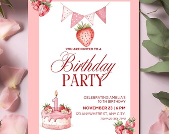 Convite de primeiro aniversário com frutas vermelhas editável, convite para festa com frutas vermelhas, convite de aniversário com morango para impressão, download digital neutro