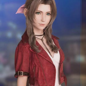 May include: A woman with long, wavy brown hair and green eyes, wearing a red cropped jacket with a black belt and a white top. She has a pink bow in her hair and a black choker necklace.