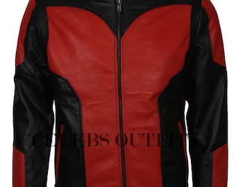 May include: A two-tone leather jacket in red and black. The jacket features a stand-up collar, a front zipper, and a belt at the waist. The text "CELEBS OUTFIT" is printed on the jacket.