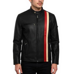 May include: Black leather jacket with a vertical stripe in red, cream, and white. The jacket has a zippered front, a small chest pocket, and a stand-up collar. The jacket is a classic motorcycle style.