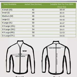 May include: A size chart for men's jackets, with measurements in inches. The chart includes sizes from X-Small to 5X-Large, with corresponding jacket and chest sizes. Diagrams illustrate front and back jacket measurements, including chest width, shoulder width, and back length.