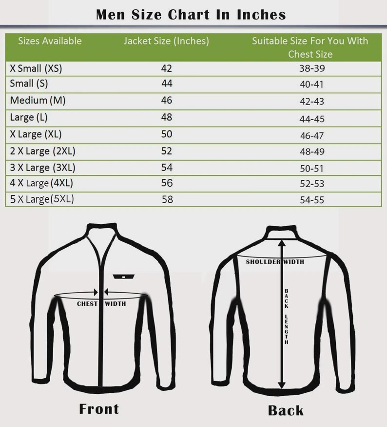 May include: A size chart for men's jackets, with measurements in inches. The chart includes sizes from X-Small to 5X-Large, with corresponding jacket and chest sizes. Diagrams illustrate front and back jacket measurements, including chest width, shoulder width, and back length.
