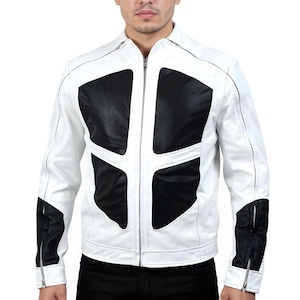 May include: A white leather jacket with black geometric panels on the chest and sleeves. The jacket has a zip-up front, a stand-up collar, and zippered cuffs. The design is modern and stylish, suitable for various occasions.