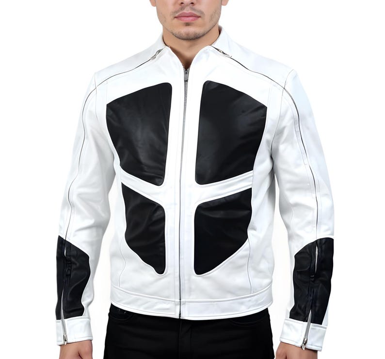 May include: A white leather jacket with black geometric panels on the chest and sleeves. The jacket has a zip-up front, a stand-up collar, and zippered cuffs. The design is modern and stylish, suitable for various occasions.