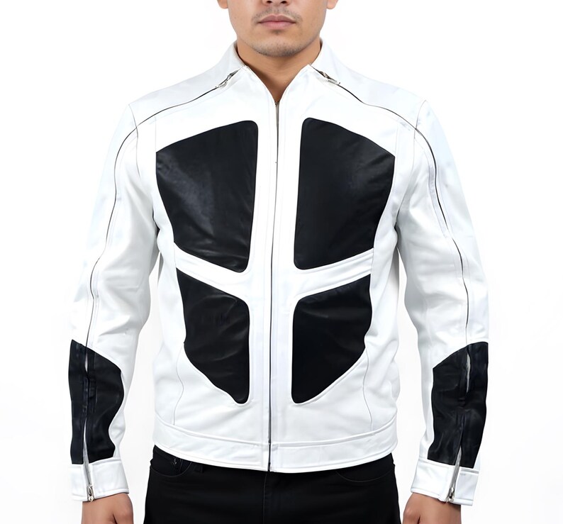 May include: A white leather jacket with black panels on the chest and sleeves. The jacket has a zip-up front and a stand-up collar. The design features contrasting black and white sections, creating a modern, sporty look.