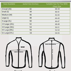 May include: A men's jacket size chart in inches. The chart lists sizes from X-Small to 5X-Large, with corresponding jacket and chest measurements. Diagrams illustrate front and back jacket measurements, including chest width, shoulder width, and back length.