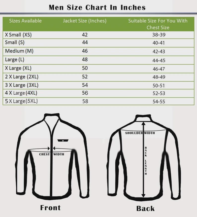 May include: A men's jacket size chart in inches. The chart lists sizes from X-Small to 5X-Large, with corresponding jacket and chest measurements. Diagrams illustrate front and back jacket measurements, including chest width, shoulder width, and back length.
