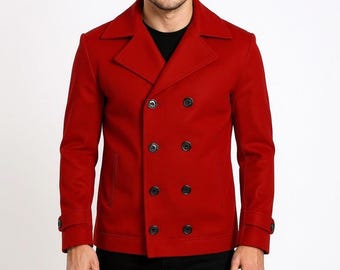 Classico cappotto da uomo in lana rossa fatto a mano / cappotto invernale natalizio da Babbo Natale