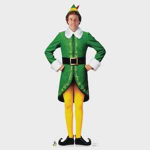 May include: A full-length image of a person in an elf costume. The green coat has white fur trim and gold accents. The person wears a black belt, yellow tights, and black elf shoes. A green and yellow elf hat completes the look.