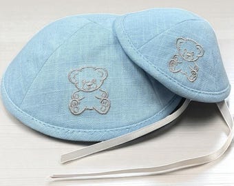 Conjunto de kipá de lino para padre y bebé / Osito de peluche o Estrella de David