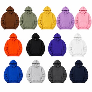 May include: A collection of twelve long-sleeve hooded sweatshirts in various solid colours including brown, olive green, yellow, lavender, pink, orange, black, purple, white, royal blue, light grey, charcoal grey, and navy blue, each with a front pocket.