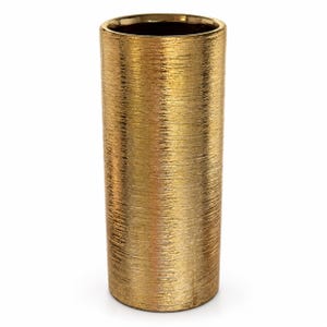 May include: A tall, cylindrical vase with a metallic gold finish and a textured, horizontal brushed surface. The vase features a simple, straight-sided design with a wide, open top and a flat base, showcasing a consistent, reflective golden hue.