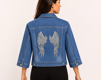 Denim Jacket Blue, Rhinestone Angel Wings Outerwear | Washed | Cropped, 3/4 Sleeve, Silver-Tone Hardware