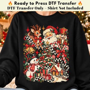 Retro Christmas Characters DTF Transfer, Checkered Ribbon and Red Bows, Santa Claus Holiday Collage, Ready to Press Heat Transfer