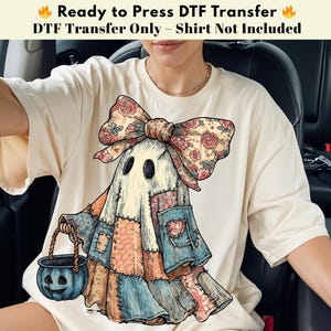 Patchwork Ghost DTF Transfer, Vintage Floral Bow Halloween Design with Pumpkin Candy Pail, Cute Spooky Ready to Press Shirt Print