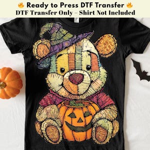 Patchwork Teddy Bear Halloween DTF Transfer, Cute Witch Hat and Jack O Lantern Design, Vintage Ready to Press Shirt Print