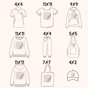 以下が含まれることがあります： ポロシャツ、Tシャツ、パーカー、スウェット、スウェットパンツ、エプロン、トートバッグ、野球帽など、様々な衣類アイテムを示す白黒の線画イラストのコレクション。それぞれインチ単位の寸法が記載されています。