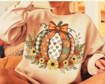 Fall Patchwork Pumpkin DTF Transfer: Boho Floral Bow, Ready to Press