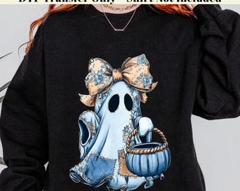 May include: Black sweatshirt with a light blue ghost illustration, floral bow, and blue basket. The text at the top says "Ready to Press DTF Transfer" and "DTF Transfer Only - Shirt Not Included".