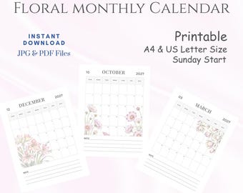 Calendario Floral 2027: Planificador Mensual en Acuarela (Descarga Digital)