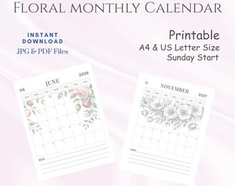 May include: Printable 2026-2027 floral monthly calendar. The calendar includes June and November pages with floral watercolor designs. The calendar is available in A4 and US Letter sizes, with a Sunday start. Instant download in JPG and PDF files.