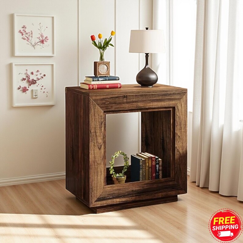 Rustic Wood Square End Table, Farmhouse Side Table With Storage Shelf ...