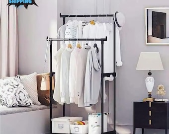 Rolling Double Rod Clothes Rack – Adjustable Garment Organizer