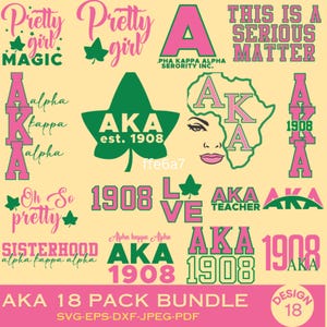 Puede incluir: Una colección de gráficos rosas y verdes con texto, incluyendo "Pretty Girl Magic", "AKA" y "1908". El diseño presenta varias fuentes y estilos, adecuados para proyectos temáticos de hermandades. El paquete incluye archivos SVG, EPS, DXF y JPEG.