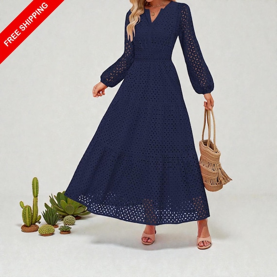 Womens Eyelet Maxi Dress, V Neck A Line, Fall Party Long Dress