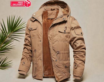Men's Fleece Lined Hooded Winter Work Coat: Cotton Military Style