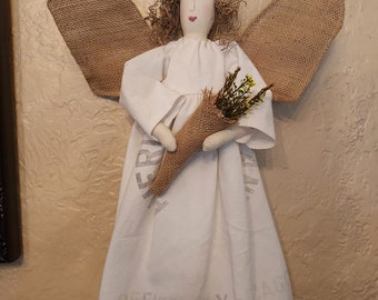 Folkart Angel,Handmade Original Earth Angel doll,Feedsack Dress says American Company, Offices in NYC and Chicago.Burlap wings Great Cift.