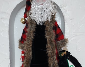 Original Handmade old World Santa,Buffalo Plaid wool with Faux Fur trim,cloth body free standing 20in. Great Christmas Gift