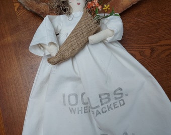 Unique Angel One of a Kind Feedsack Dress Tree Bark Wings Moss Hair Barked Wire Halo . Folkart Great Gift. Signed