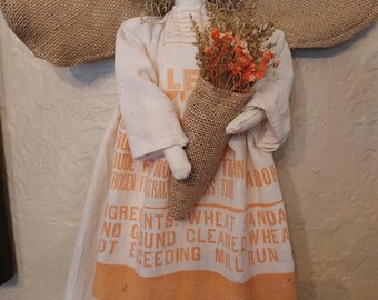 Folk Art  Angel , vintage Feedsack Dress ,burlap Wings all Original One Of  Kind.Great Gift.Signed