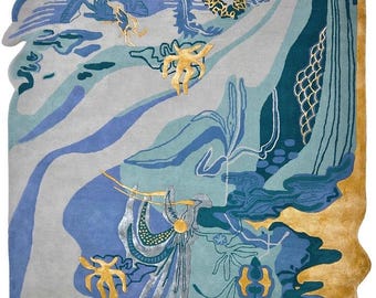 May include: A large, abstract area rug with a unique, irregular shape. The rug features a dragon design in shades of blue, teal, and gold against a gray background. The design includes flowing lines and stylized floral elements, creating a decorative and artistic piece.