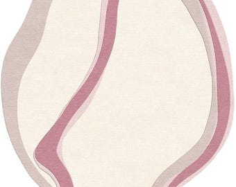 Puede incluir: Alfombra abstracta con una forma suave y orgánica. La alfombra presenta un centro color crema con un diseño curvo y fluido en tonos de rosa y gris claro. El diseño tiene una apariencia texturizada.