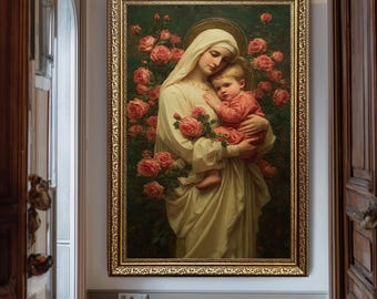 聖母マリアと幼子イエスと2人の天使のカトリック絵画プリント - 額装