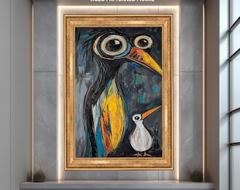 Whimsical Colorful Bird Print on Canvas, Abstract Expressionist Funny Bird Art, Quirky Wall Decor for Playful or Creative Interiors