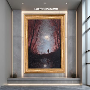 Moody Forest Art Print with Lone Figure and Full Moon Reflection – Emotional Night Landscape Painting – Dark Surreal Wall Decor Poster