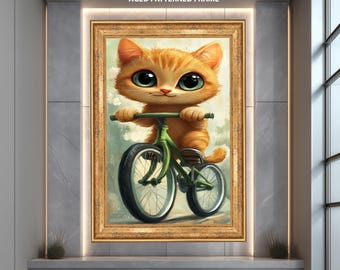 Süße Katze auf Fahrrad, Kunstdruck, wunderliche Katze auf Fahrrad Leinwand, entzückende Tier Illustration für Kinderzimmer oder Kinderzimmer Dekor