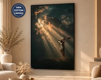 Jesus Crucifixion Wall Art Canvas Art Christian Religious Poster Spiritual Artwork Light Rays from Heaven Calvary Decor