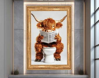 Grappige hooglandkoe badkamer kunst aan de muur print, humoristische dier op toilet poster, boerderij badkamer decor, eigenzinnige rustieke koe kunst cadeau