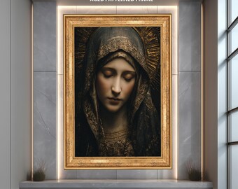 Sacred Woman Portrait in Gold and Dark Tones – Spiritual Religious Wall Art Print, Devotional Iconic Artwork for Faith Inspired Decor