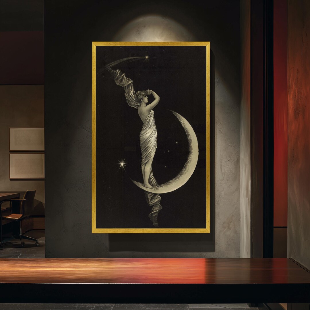 Vintage Moon Goddess Art Print Celestial Woman on Crescent Moon Antique ...