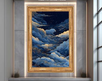 Elegante Himmlische Wolken Leinwand Wandkunst, Blau Gold Nachthimmel Leinwand Druck, Verträumtes Kosmisches Dekor für Schlafzimmer, Büro oder Meditations Raum