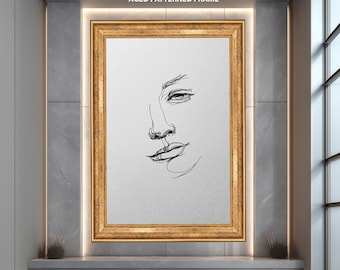Hand-Drawn Style Minimalist Line Art Portrait – Black Ink Face Drawing on Textured Paper Look, Modern Abstract Wall Art for Home Decor
