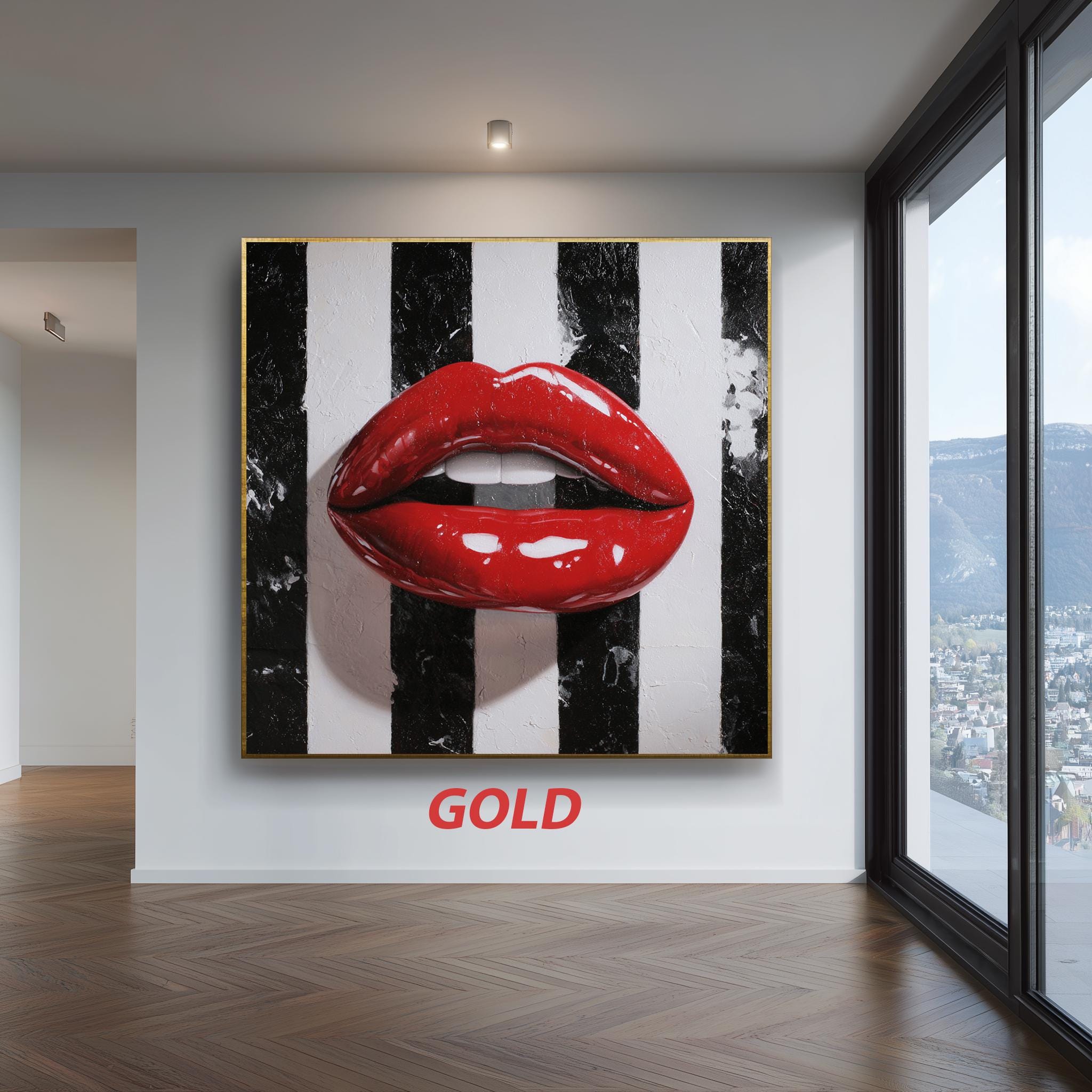 Red Lips 3D Wall Art on Black White Stripes Pop Art Lip Sculpture