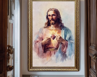 Sacred Heart of Jesus Printable Christian Wall Art Watercolor Catholic Decor Divine Religious Print for Home Church Prayer Room
