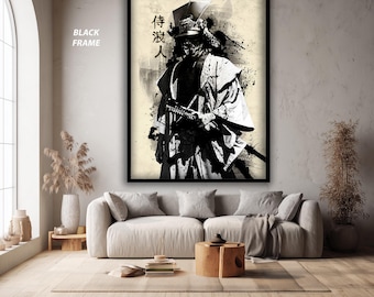 Samurai Warrior Wall Art Print, Japanese Ink Style Katana Poster, Black and White Samurai Print for Martial Arts or Zen Home Decor