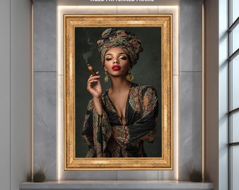 Elegante mujer afroamericana con cigarro, cuadro para pared / Retrato de moda atrevida con turbante y túnica / Impresión decorativa moderna de lujo para chica negra